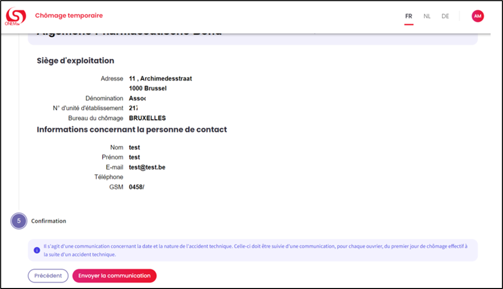 Screenshot showin a summary of the communication with all relevant data. Buttons at the bottom to return to previous page and to send communication (in red).