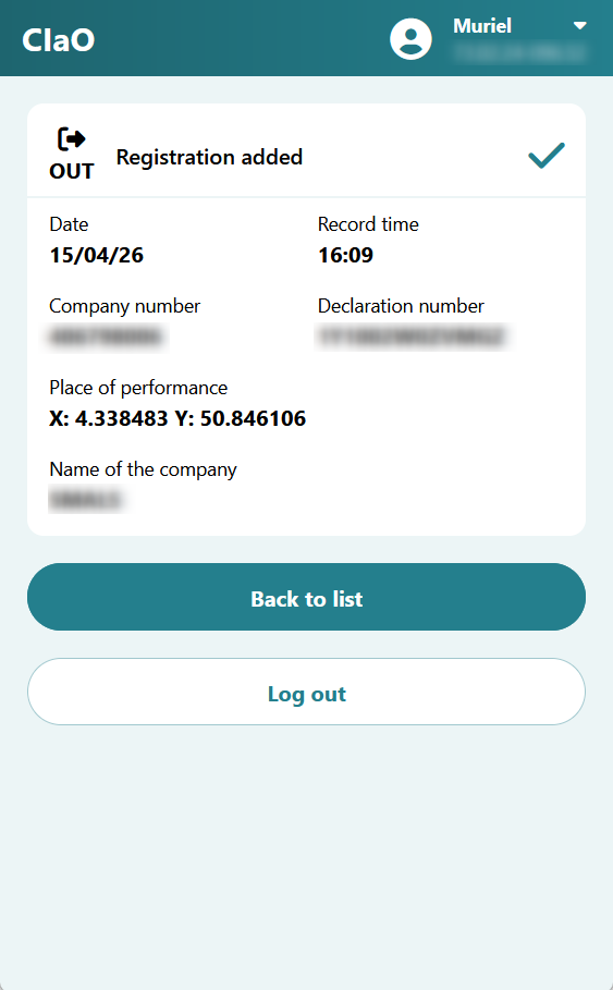 Confirmation screen for an OUT registration, indicating that the registration has been completed, with “Back to list” and “Log out” buttons.