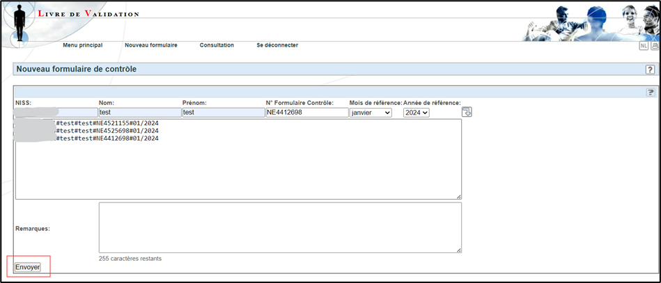 Screenshot of validation book, showing the names of the employees, the form number, month and year.