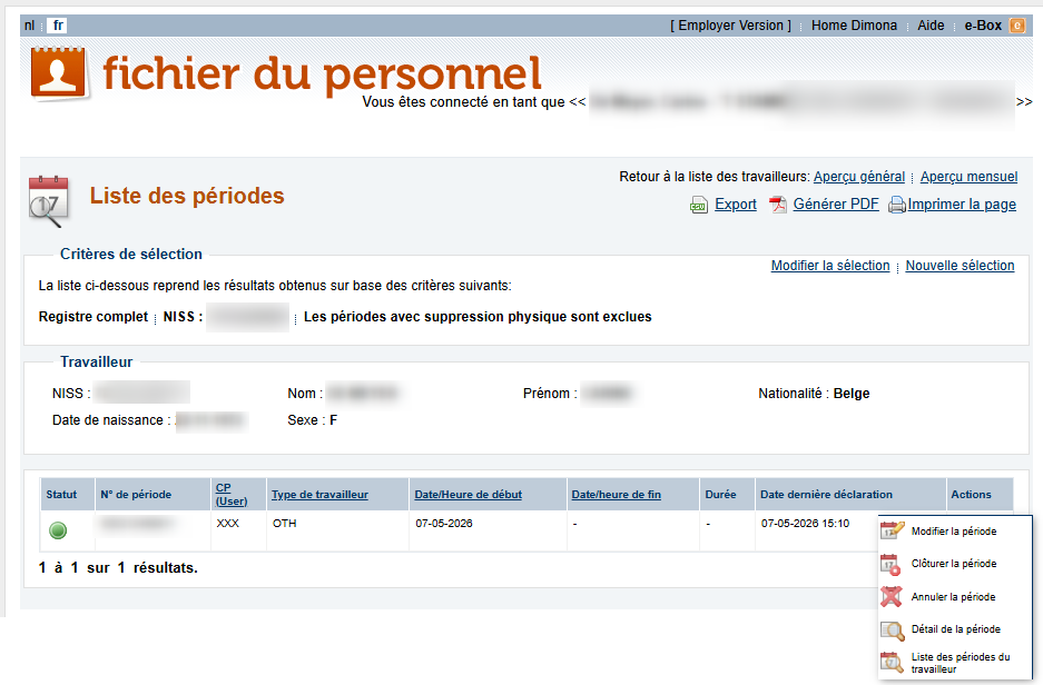 Workforce Register (Fichier du personnel) - Modifying a period via the List op periods  Screenshot showing all periods of work for an employee, and showing a pop-up highlighting the modification of a working period.