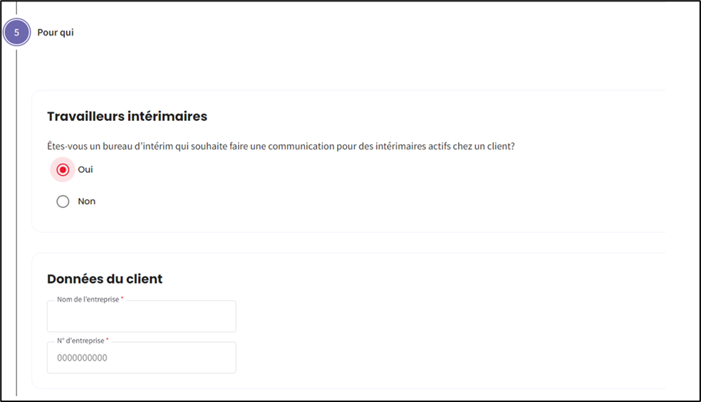 Screenshot to choose whether you are an employment agency that submits a communication for a temporary employee. Choose yes or no. The yes-button is marked red. Two more fields to fill in the data of the customer (name of company and company number).