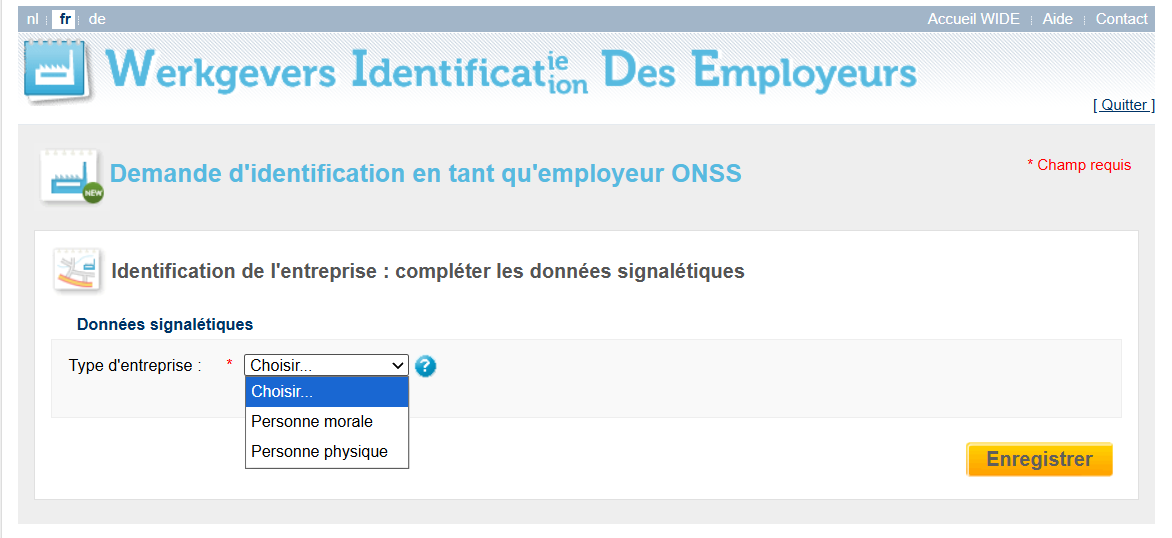 WIDE screen to identify your enterprise - legal or natural person WIDE screen to identify your enterprise - legal or natural person choice in dropdown