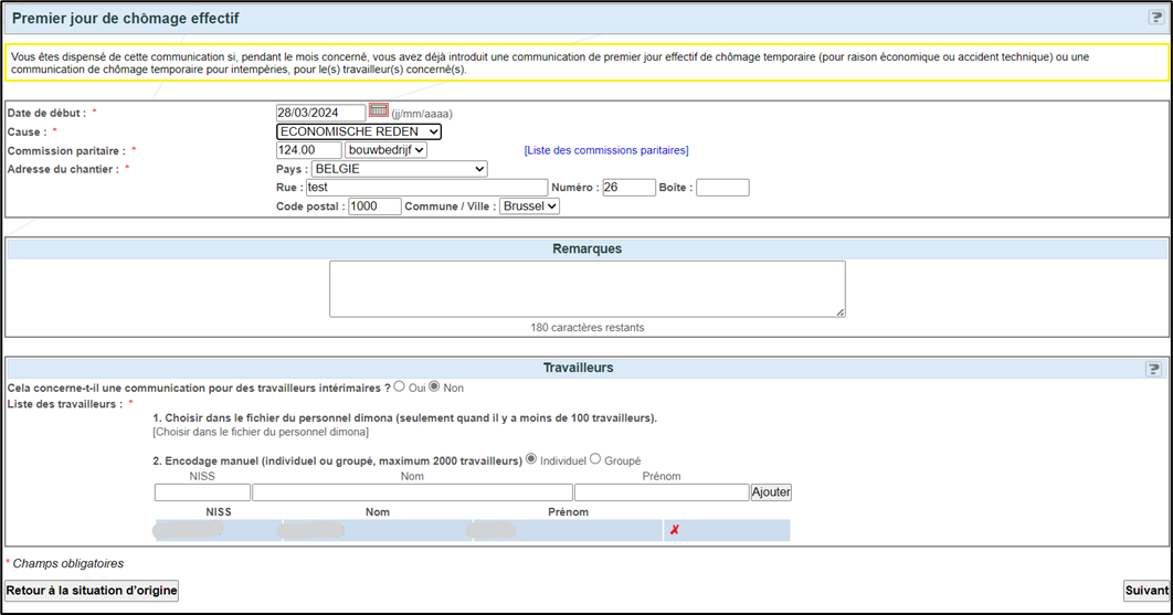 Screenshot showing first effective day of temporary unemployment with dates, reason, site and possibility to choose temporary employees or not.