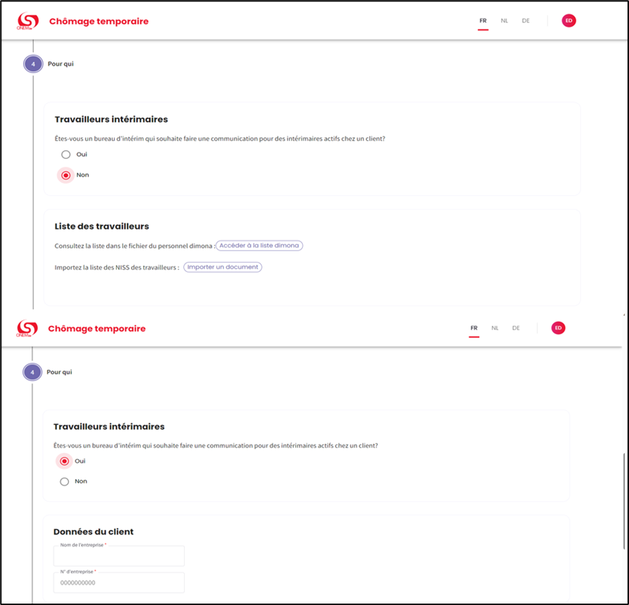 Screenshot of two possibilities, On the first, it's not a temporary worker, on the first, it is a temporary worker.