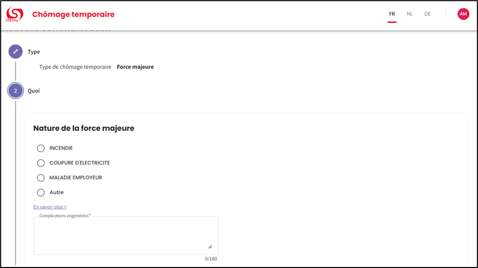 Screenshot to choose nature of force majeur from a list.
