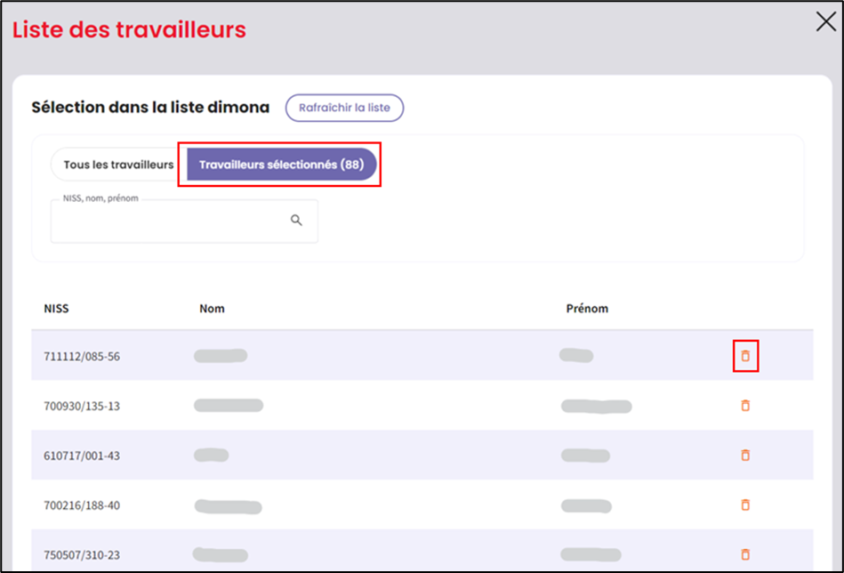 Screenshot showing the list of selected employees. Possibility to choose all or to select.