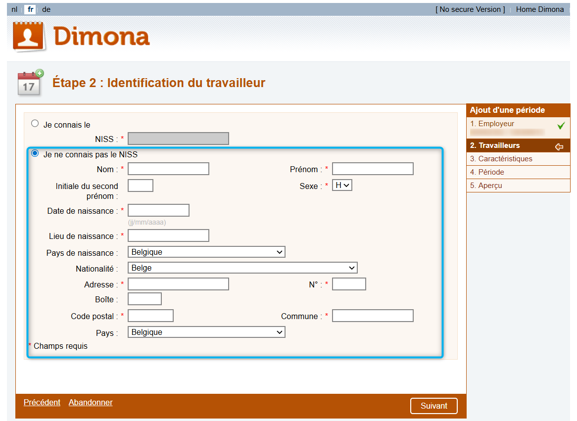 Dimona IN - Identifying the employee (details). Screenshot of the screen of the Dimona IN declaration where the employer has to identify the employee.