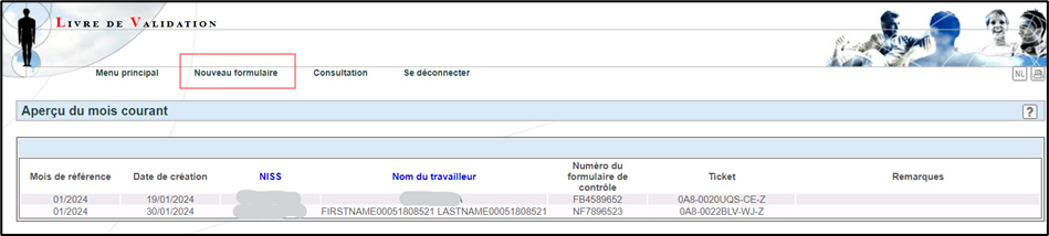 Screenshot of validation book. Button to enter a new form on the top, second button from the left.
