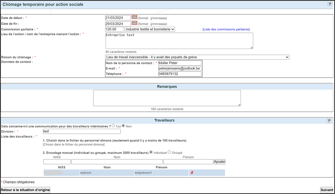 Screenshot showing temporary unemployment of social action with different fields to fill in, such as dates, contact person, reason. Possibility to add employees. Possibility to return to previous and go to next page.