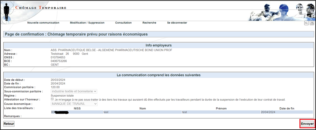 Screenshot of confirmation page, shows information for employers and communication of employee, e.g. NISS number. Button to send marked in red at the bottom right.