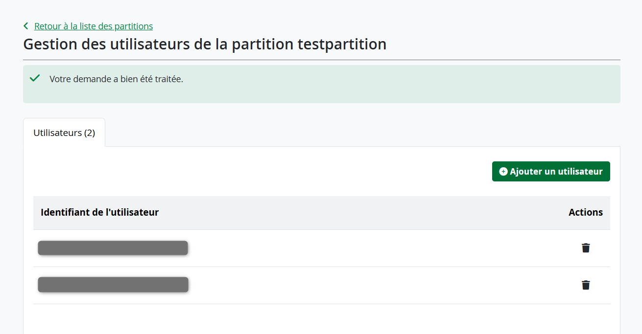 User management interface for partition "testpartition" list of users  The interface includes a confirmation message for a successful request, a green button to add a user, and trash icons for deleting users.