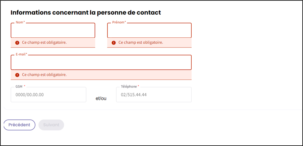 Screenshot to fill in data for contact person: name and e-mail.