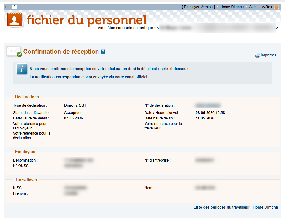 Workforce Register (Fichier du personnel) - Confirmation of receipt Dimona OUT  Screenshot showing the confirmation of the Dimona OUT declaration and its accompanying details.