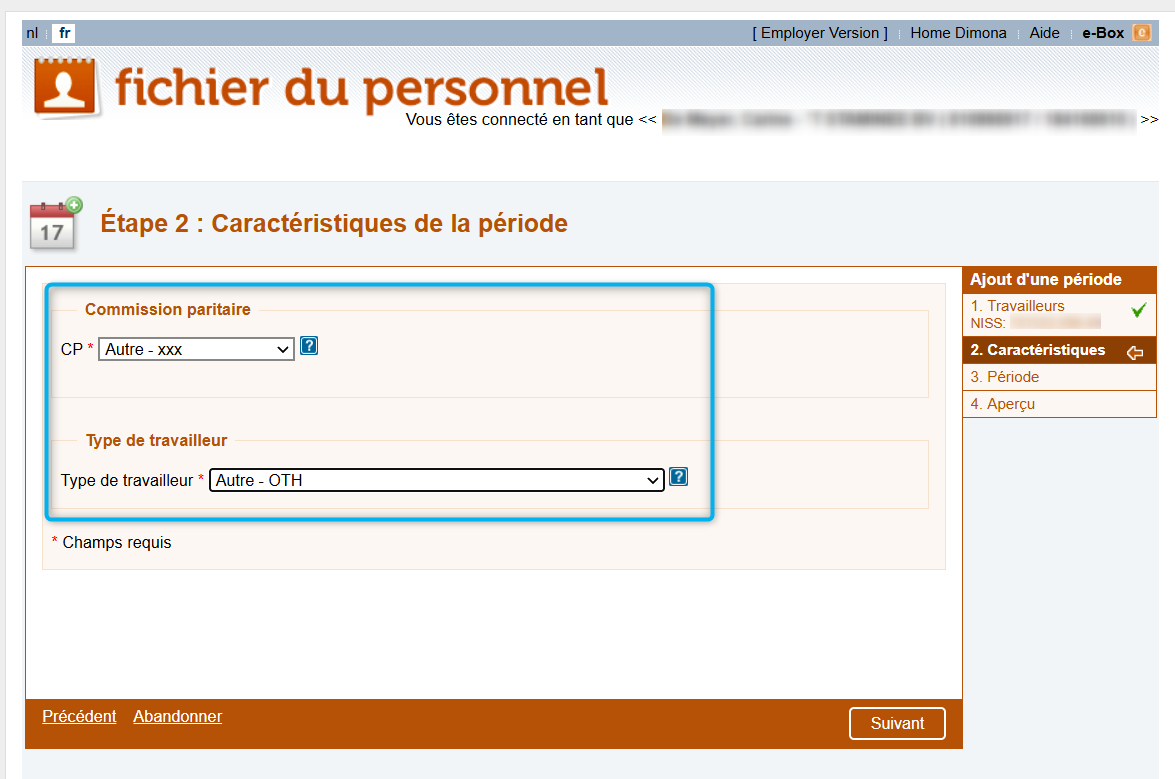 Workforce Register (Fichier du personnel) - Joint Committee & Type of worker  Screenshot highlighting the selected Joint Committe (CP) and Type of Worker.