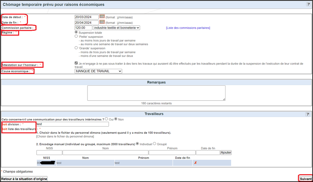Screenshot of page for temporary unemployment for economic reasons. Fields for information to be filled in marked in red on the left side.  Button to switch to next page marked in red at the bottom right. 