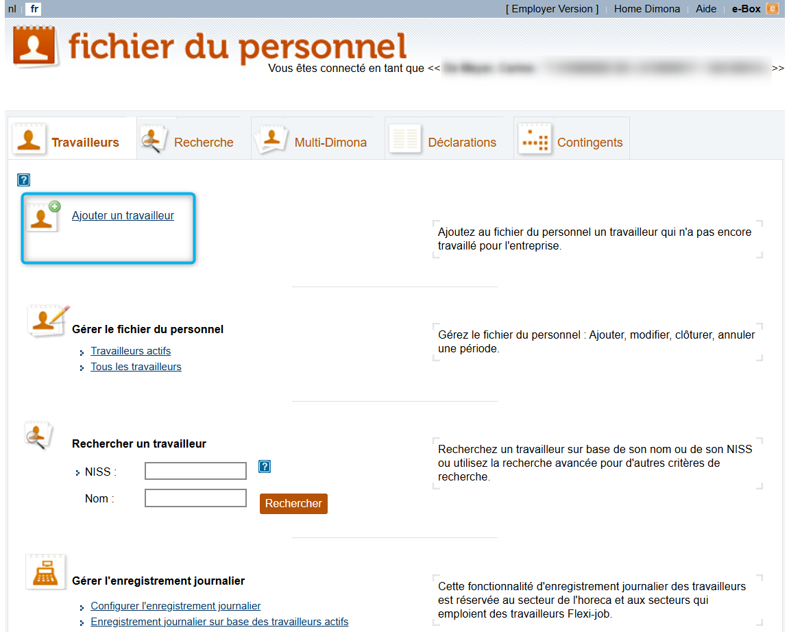 Workforce Register (fichier du personnel)  - Adding an employee  Screenshot called Workforce Register (fichier du personnel), focusing on the option Add an employee (Ajouter un travailleur).
