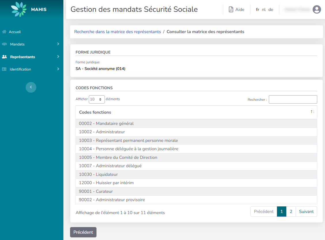 Screenshot for managing mandates. List of represantatives of CBE.