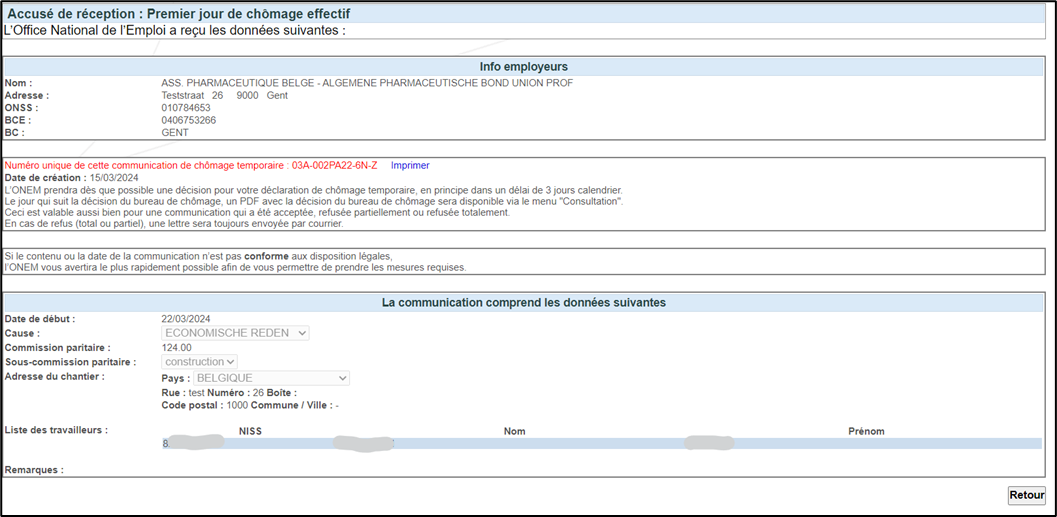 Screenshot showing first effective day with information of NEO: complete data of employer and of communication.