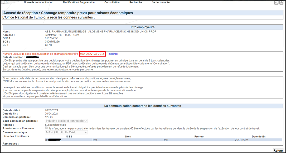 Screenshot of acknowledgement of receipt. Number of the communication in red in the middle. Button on the bottom right to return to previous page.