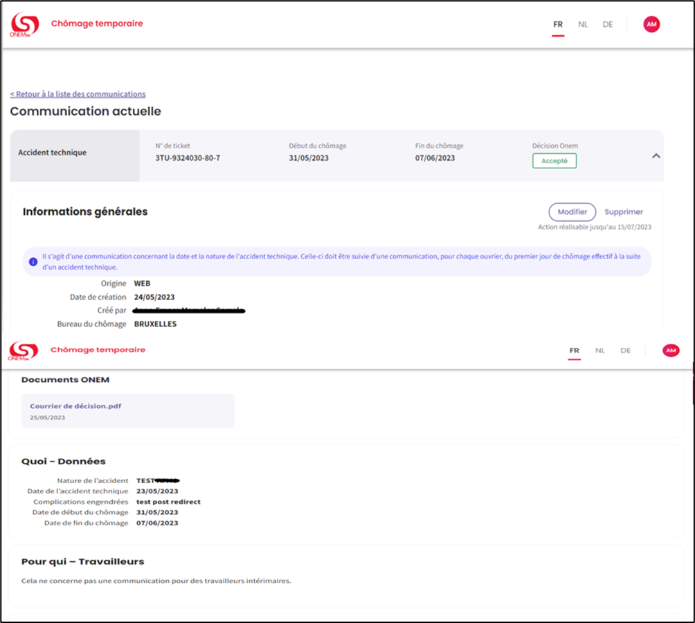 Screenshot that shows the current communication for a technical problem. NEO decision shown by the green button "accepted". Button to modify and delete on the right side.