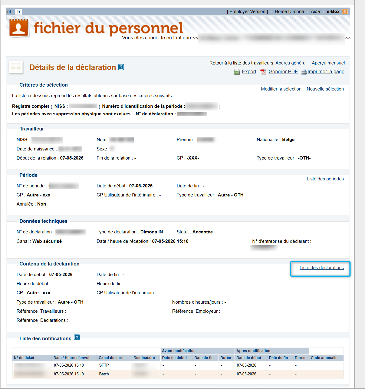 Workforce Register (Fichier du personnel) - Declaration details - List of declarations  Screenshot containing a list of periods of work for a particular employee, with a focus on the link List of Declarations (Liste de déclarations).