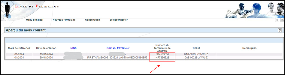 Screenshot of validation book. Button to fill in the number of the control form in the middle.