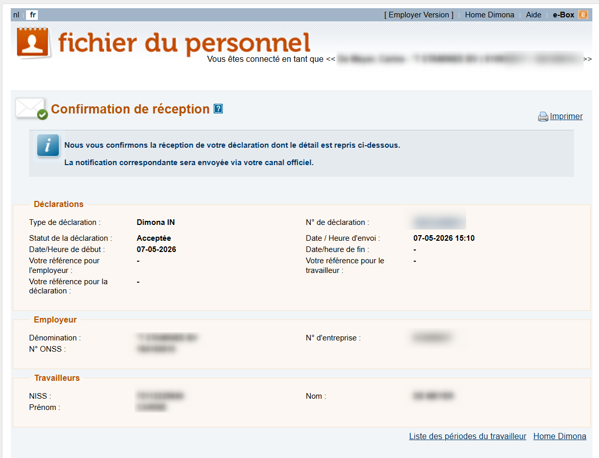 Workforce Register (Fichier du personnel) - Confirmation of receipt Dimona IN  Screenshot showing the confirmation of the Dimona IN declaration and its accompanying details.