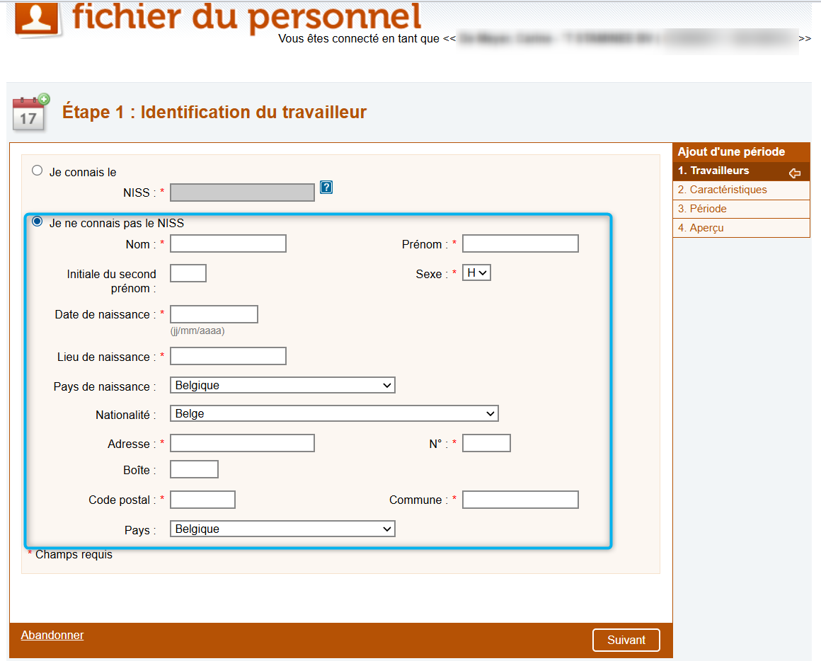 Workforce Register (Fichier du personnel) - Identifying an employee - SSIN known  Screenshot highlighting the identification of the employee by the employer, by filling out the employee's details.