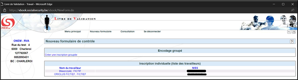 Screenshot of validation book, showing the name and the SSIN number of the employee.