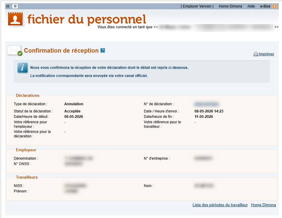 Workforce Register (Fichier du personnel) - Confirmation of receipt Dimona cancellation  Screenshot showing the confirmation of the cancellation declaration and its accompanying details.
