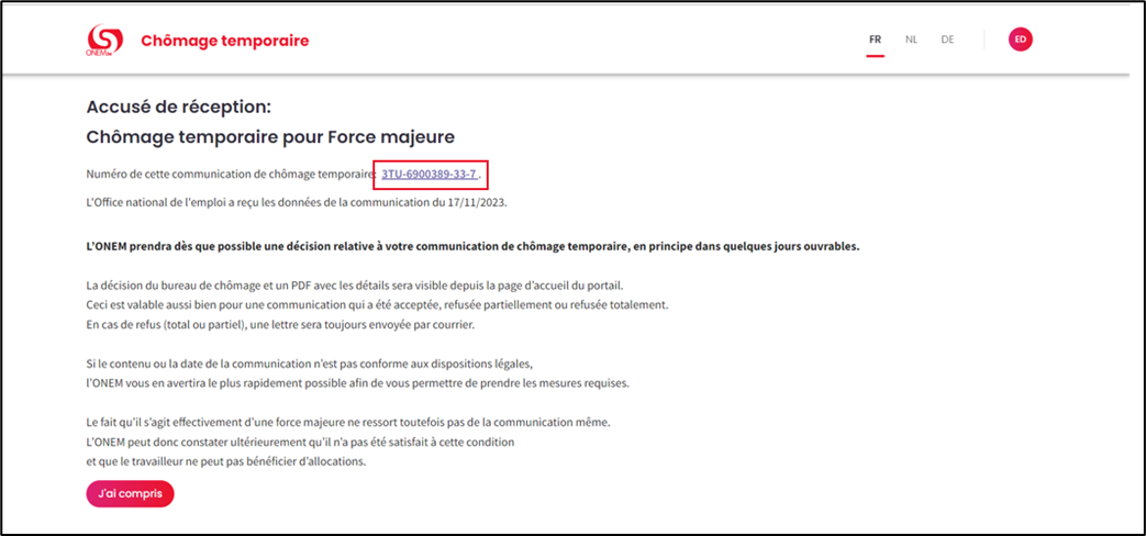 Screenshot of acknowledgement of receipt with number for the specific communication.  Red button at the bottom to confirm that one has understood.