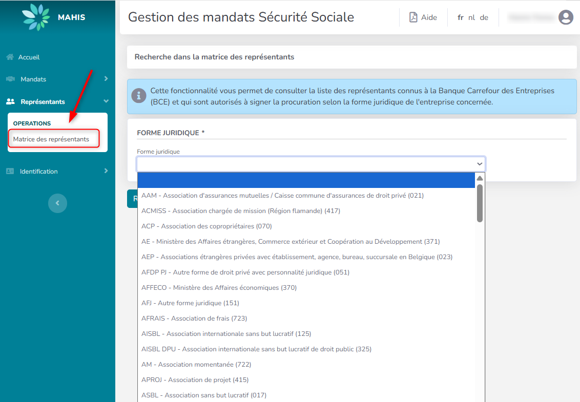 Screenshot for managing mandates. List for search result of legal form.
