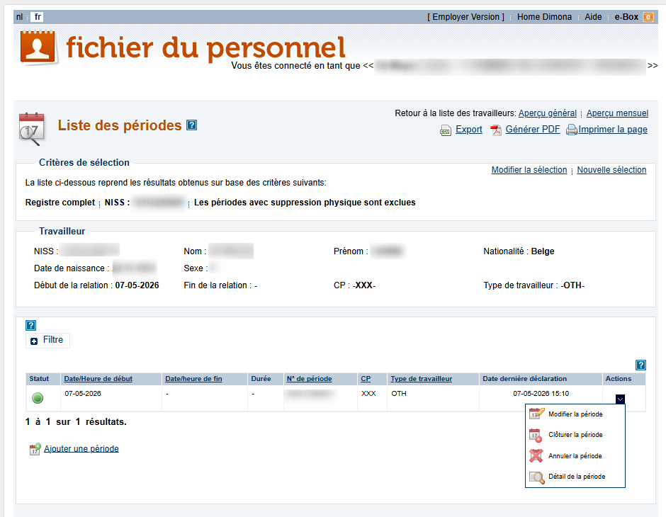 Workforce Register (Fichier du personnel) - Ending a period via the List op periods  Screenshot showing all periods of work for an employee, and showing a pop-up highlighting the end of a working period.