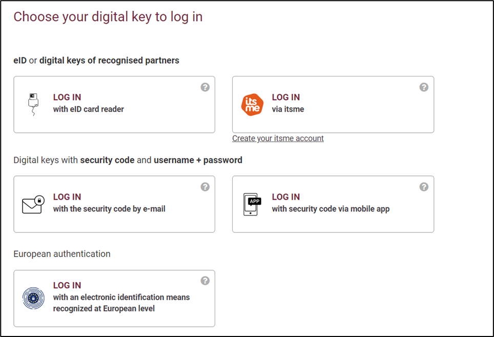 Screenshot of five possibilities to choose the digital key in log in.  You can log via eID, itsme, security codes and with an electronic identification means recognized at European level.