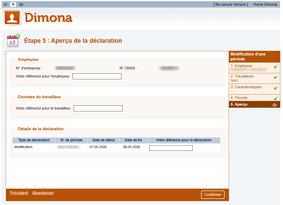 Dimona Modification - Overview. Screenshot of the screen of the Dimona Modification declaration where the employer sees an overview of the date entered.