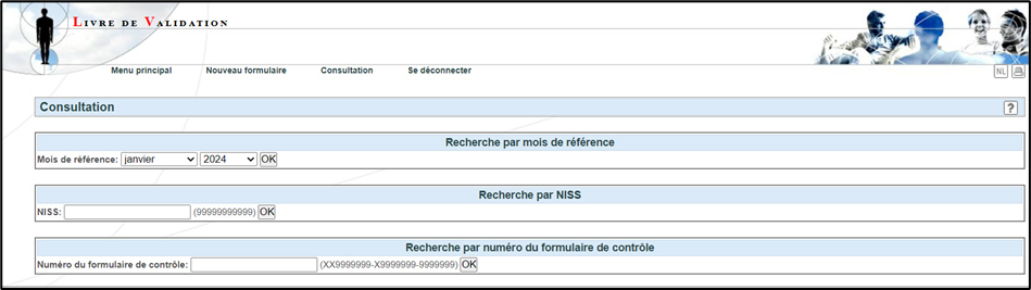 Screenshot of validation book with possibilities for consultation via reference month, SSIN and form number.