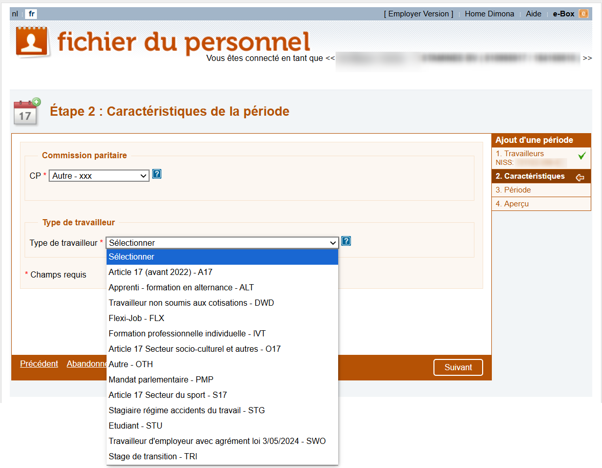 Dimona IN - Working period (type of worker)  Screenshot of the screen of the Dimona IN declaration where the employer has to select the type of worker.