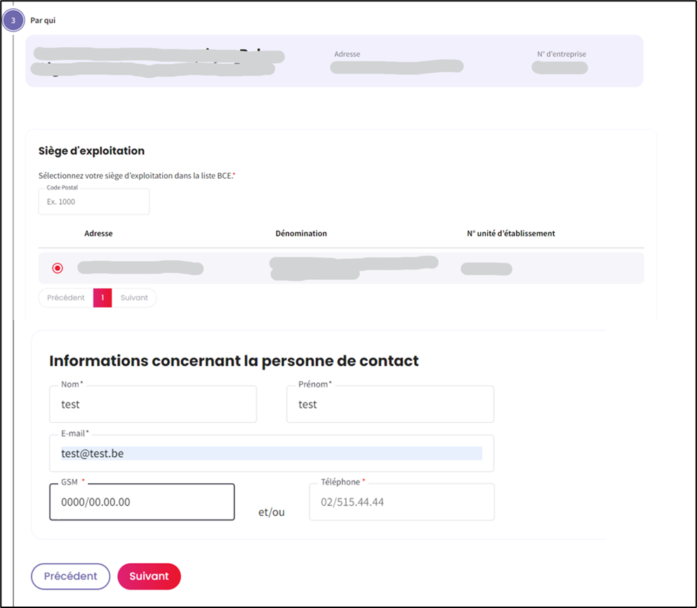 Screenshot to choose relevant site from a list and for filling in information about contact person. Possibility to return and go to next page.
