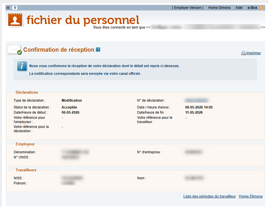 Workforce Register (Fichier du personnel) - Confirmation of receipt Dimona Modification  Screenshot showing the confirmation of the modification declaration and its accompanying details.