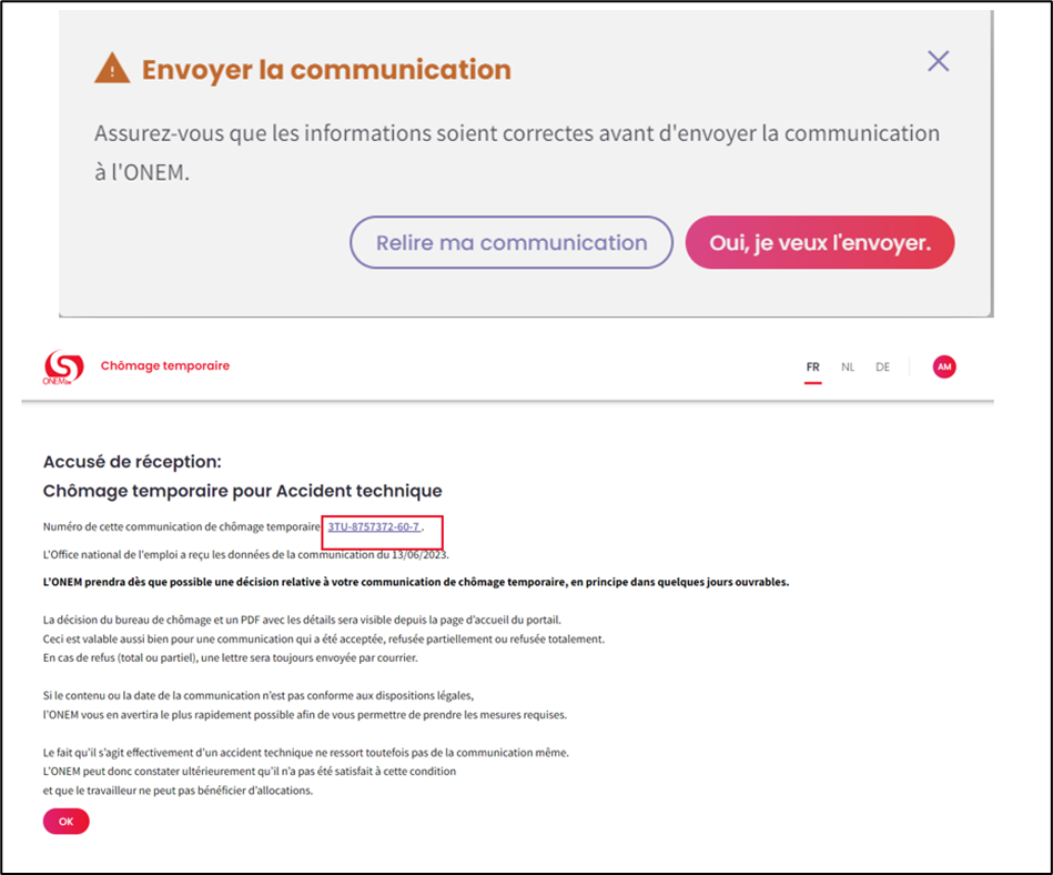 Screenshot with question if one really wants to send the communication. Button to read the communication again and another one, in red, to send the communication.