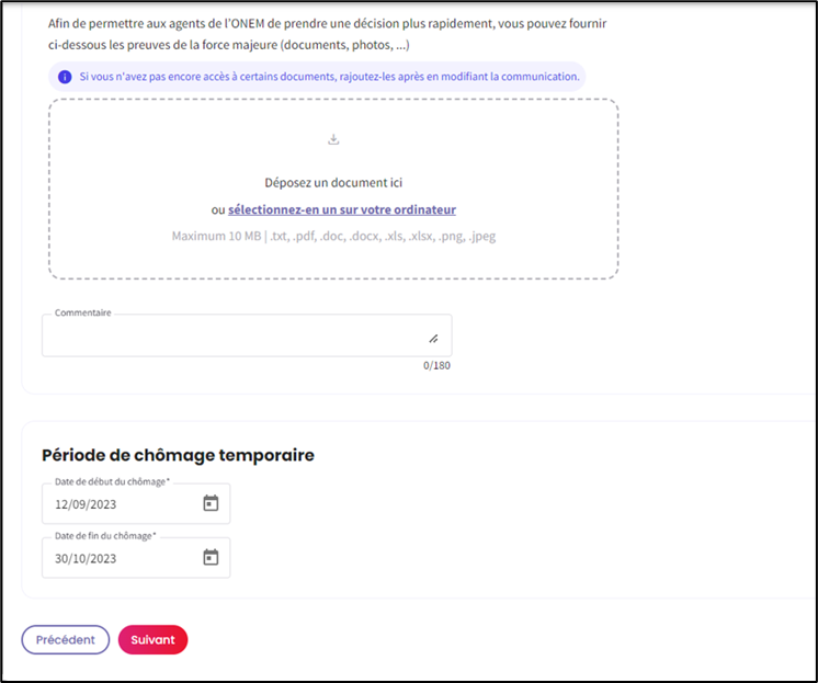 Screenshot to fill in the period and possibility to upload a document. Possibility to return and go to next page.