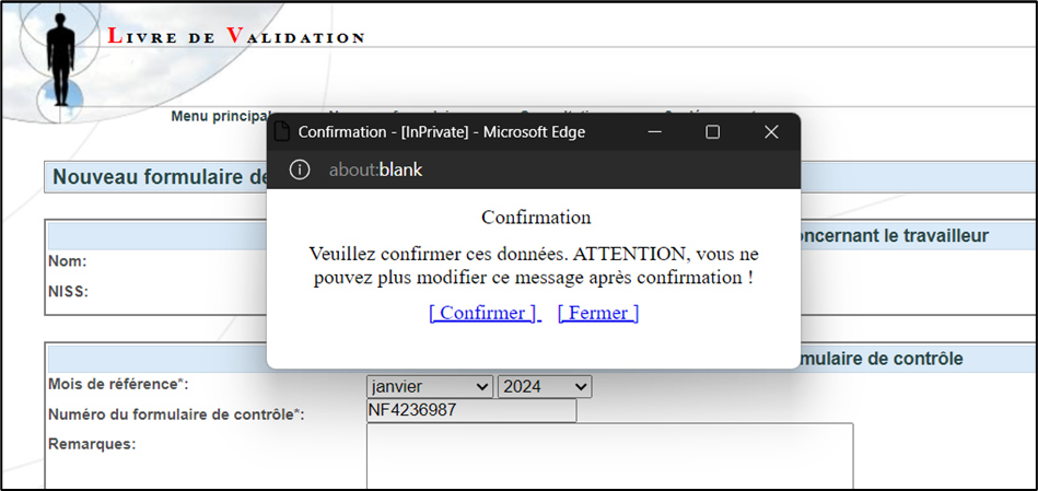 Screenshot of validation book with confirmation. Possibility to confirm and to send the form.