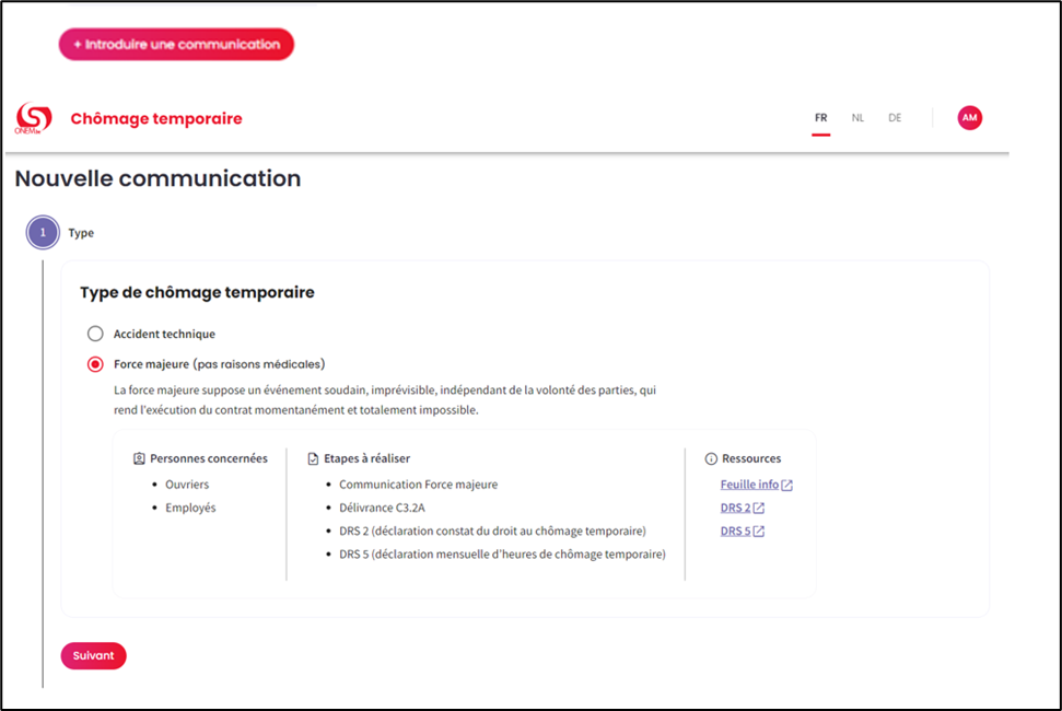 Screenshot to introduce a new communication due to force majeur. Next button in red at the bottom of the page.