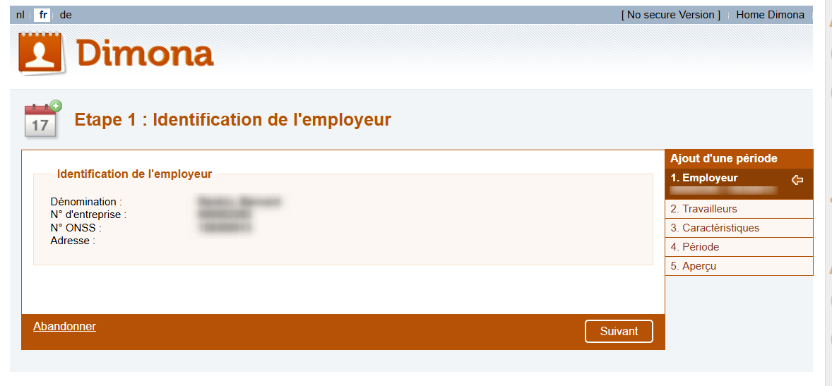 Dimona IN - Confirming the employer. Screenshot of Dimona IN a giving an overview of the employer's company data.