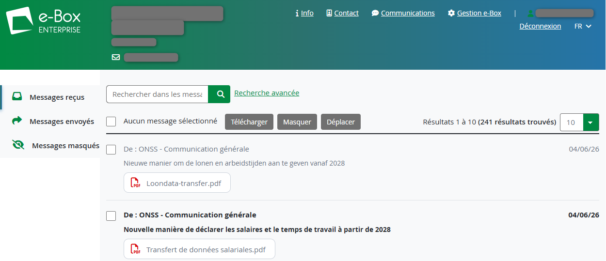 eBox entreprise interface from e-Box Enterprise showing a list of received messages.  The interface includes a search bar, message management buttons, 
