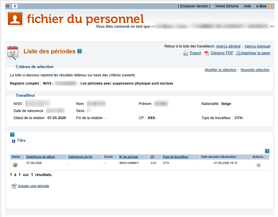 Workforce Register (Fichier du personnel) - List of periods  Screenshot showing all periods of work for an employee.