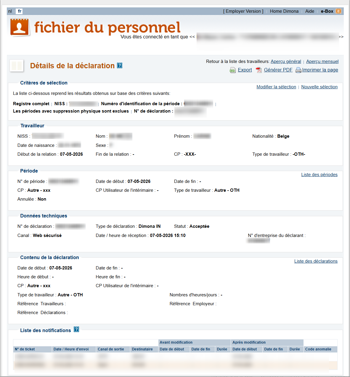 Workforce Register (Fichier du personnel) - Declaration details  Screenshot containing all declared datails of the Dimona IN for an employee and a specific working period.