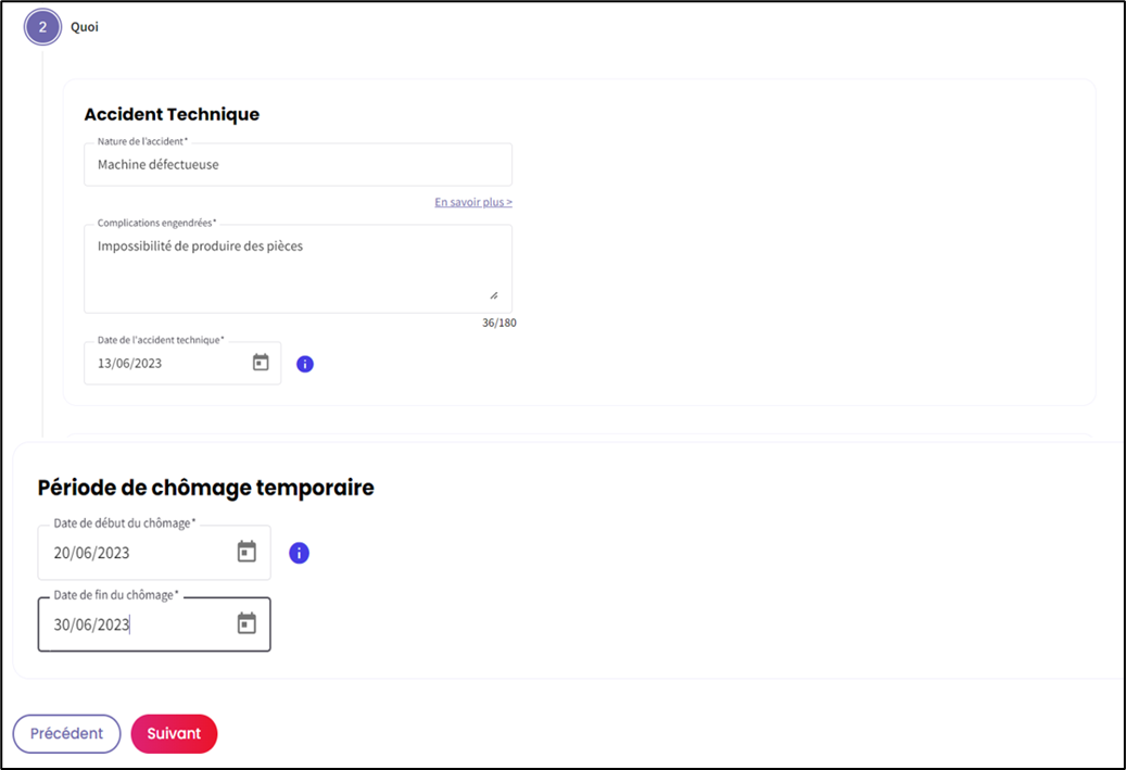 Screenshot showing the specific technical accident, in this case a broken machine, and the period. At the bottom possibility to return to previous page and go to next page.