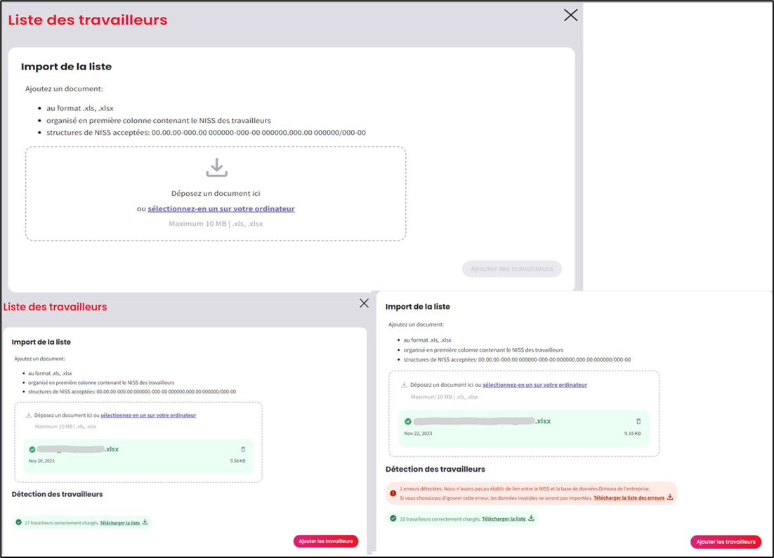 Screenshot showing three pages. The one  at the top shows how to upload a list. Once a list has been imported, you can add an employee. Click on the red button at the bottom right of the left screenshot in the second line. The right page in the second line shows an alert notice. You can upload a list of alert notices. You can also upload the list of selected employees.