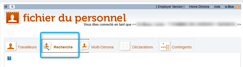 Workforce Register (fichier du personnel) - Search  Screenshot called Workforce Register (fichier du personnel), focusing on the tab Search (Recherche). 